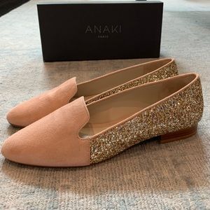 Anaki Paris Slipper Corail-Pink Glitter Suede Loafers sz 7.5